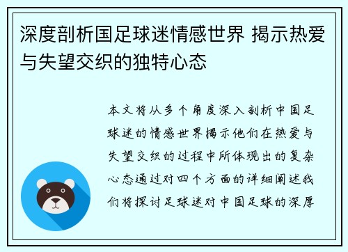 深度剖析国足球迷情感世界 揭示热爱与失望交织的独特心态